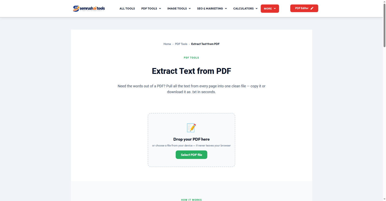 Extract Text from PDF tool — Semrush AI Tools
