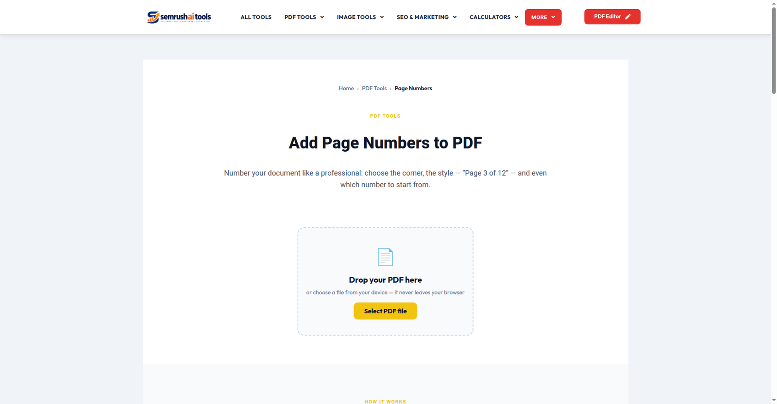 Add Page Numbers tool — Semrush AI Tools